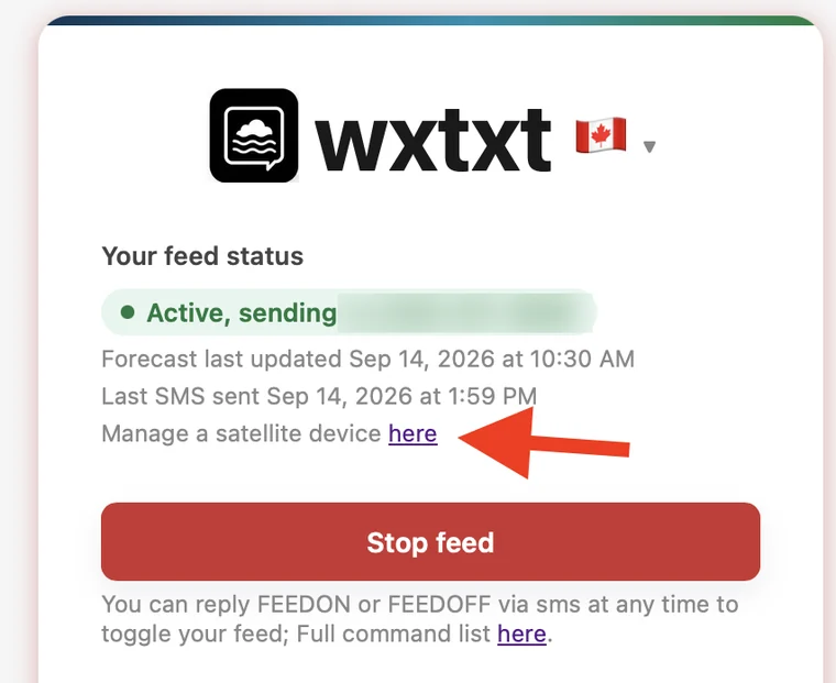 wxtxt account page with the 'Manage a satellite device here' link under the feed status, pointed out with an arrow.