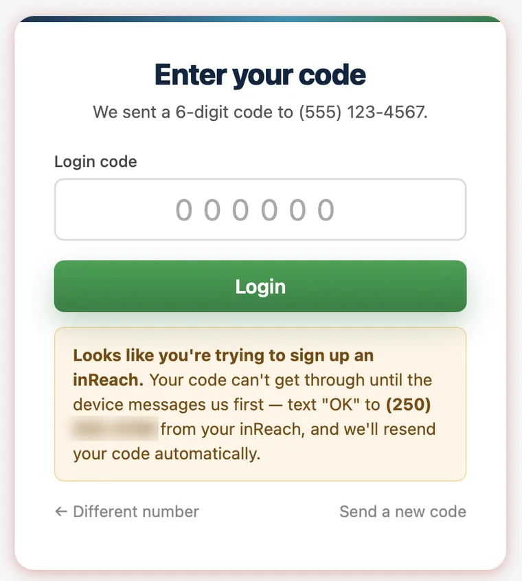 wxtxt login code screen showing the inReach delivery-help message: it can't get through until the device messages a given number first, and the code will resend automatically.
