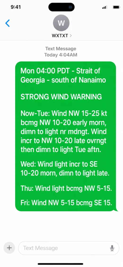 Example marine forecast text from wxtxt on an iPhone